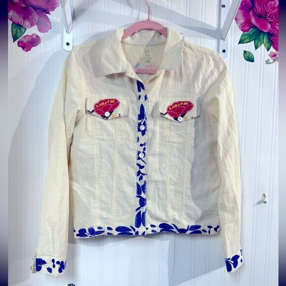 RYY Embroidered Cream Jacket with Blue Accents *SIZE: S - Picture 1 of 7